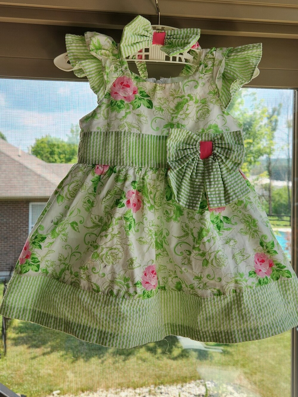 Bonnie Baby Size 12M Green & Pink Floral Dress w Matching Bow Headband